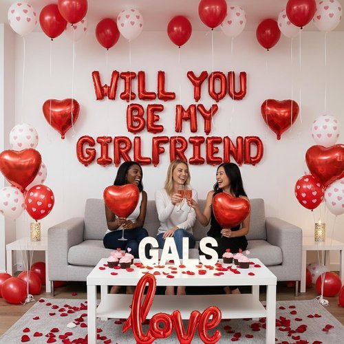 Will You Be My Girlfriend Balloon Letters in Red with Heart Foil Balloons, Rose Petals, Printed Balloons – Romantic Room Setup for Proposal, Be My Girlfriend Sign, Valentine’s Day Decorations