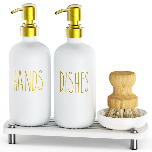 Galasily Gold Soap Dispenser Set Comes with Stainless Steel Pumps, Instant Dry Tray, and Dish Scrub Brush, Kitchen Soap Dispenser Set Suitable for Kitchen Decor and Bathroom Accessories(Gold)