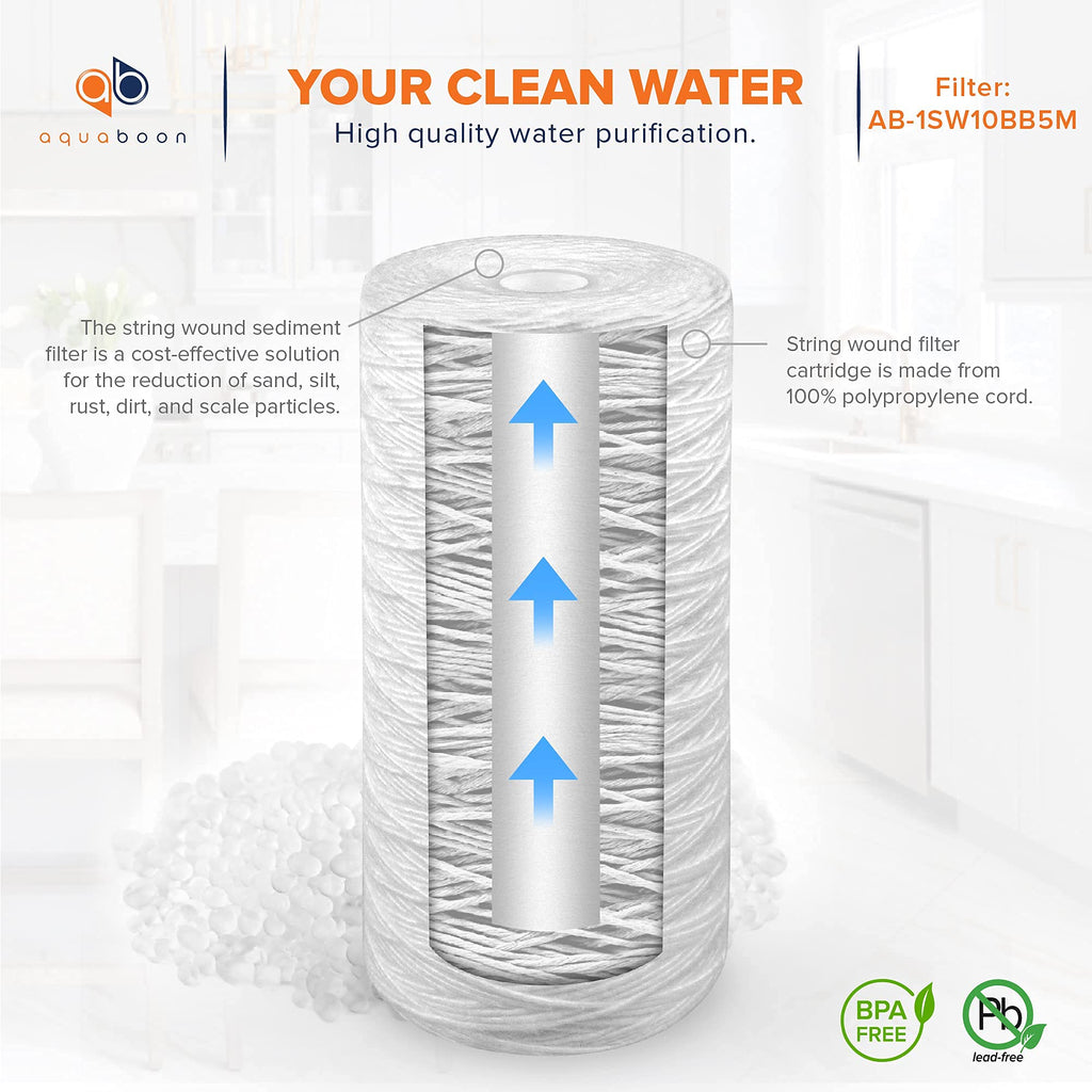 Aquaboon 5 Micron Water Filter 10 x 4.5 inch - String Wound Water Filter for Whole House System - Compatible with 84637, WPX5BB97P, PC10, 355214-45, 355215-45, WP10BB97P, WP5BB97P (6 Pack)