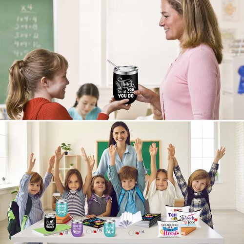 Lemosae 60 Pcs Teacher Appreciation Gifts Set, Teachers Day Gifts Bulk 12 Wine Tumbler 12 Makeup Bags 12 Mini Notepads 12 Socks 12 Keychains Graduation Students Thanks Teacher Gift(Classic)