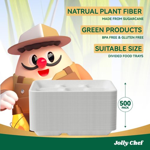 JOLLY CHEF Compostable 𝟱 Compartment Paper Plates 𝟭𝟭 * 𝟴 𝗶𝗻𝗰𝗵 [𝟱𝟬𝟬 𝗣𝗮𝗰𝗸] Heavy Duty White Divided Disposable Plate Eco-Friendly Biodegradable Food Trays for Party Lunch Dinner Christmas