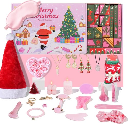 Advent Skincare Calendar | 24 Days of Beauty Gifts for Women - Gua Sha Tools, Jade Roller, Candles & More