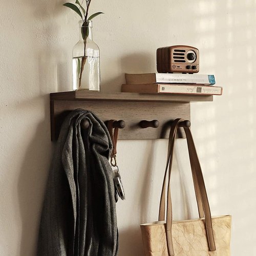 XAOMLP Entrance Coat Rack ，Coat Hooks, Wall-Mounted Wooden Hook Rack, Wall-Mounted Shelves are Very Suitable (Walnut Color Finish—A-2)