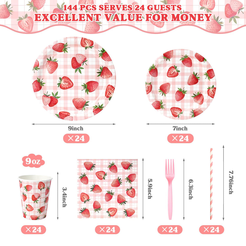 144 Pcs Strawberry Plates and Napkins Tableware Set, Plates Napkins Cups Straws and Forks Sets, Strawberry Party Birthday Supplies, Shortcake Birthday Decorations, Serves 24 Guests