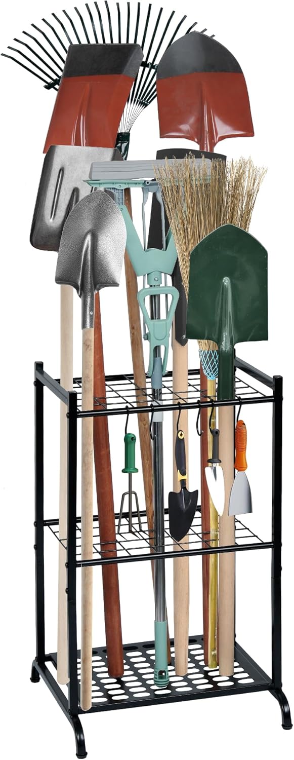 RANXFLOAT Garden Tool Organizer - Metal Tool Holder with 6 Hooks for Up to 35 Long-Handled Tools | Black