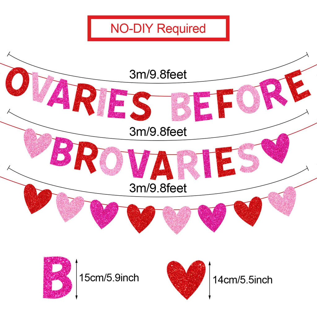 YEIRFYY Glitter Ovaries Before Brovaries Banner with Red Pink Rose Red Hearts Happy Galentine’s Day Banner for Fireplace Wall Girl Lady Galentines Day Valentines Day Party Decorations