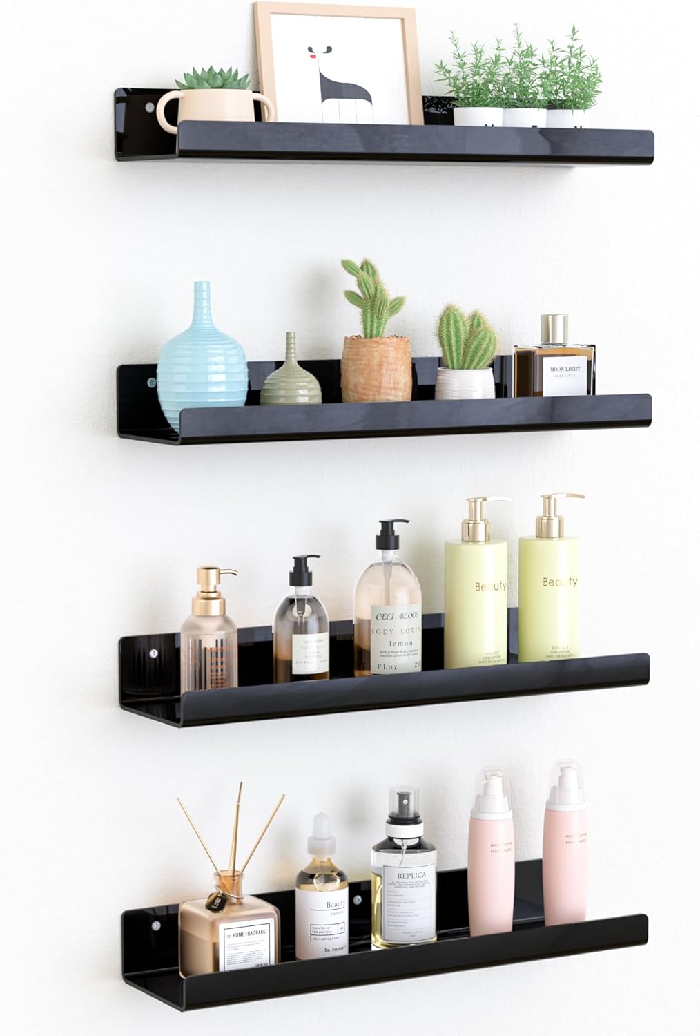 Upsimples Acrylic Wall Shelves - 15" Floating Display Shelf Set for Perfume & Books | Black, 4 Pack