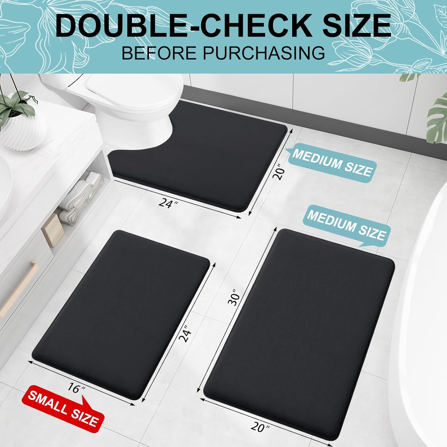 Smiry Memory Foam Bath Mat - Extra Soft, Absorbent, Non-Slip Bathroom Carpet | 30x20, Black