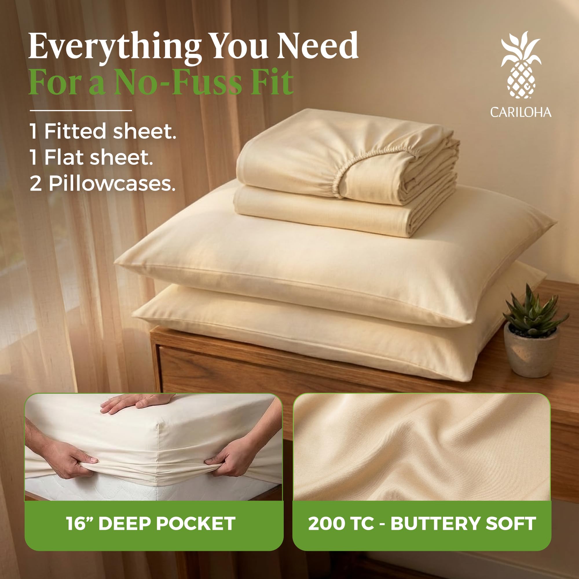 Cariloha Aloha Soft 100% Organic Bamboo Viscose Sheets – 4-Piece Queen Sheet Set – 16 in Deep Pockets – Buttery Soft, Hypoallergenic, Cooling Sheets – Oeko-TEX Standard 100 – Natural