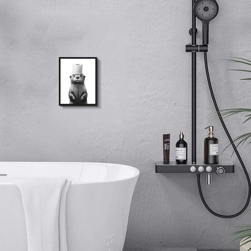 Framed Funny Bathroom Wall Art, Black and White Animal Canvas Wall Decor Painting, Cute Otter Holding Toilet Paper on Head Prints Pictures for Bathroom Restroom 8x10 Inch Black Frame