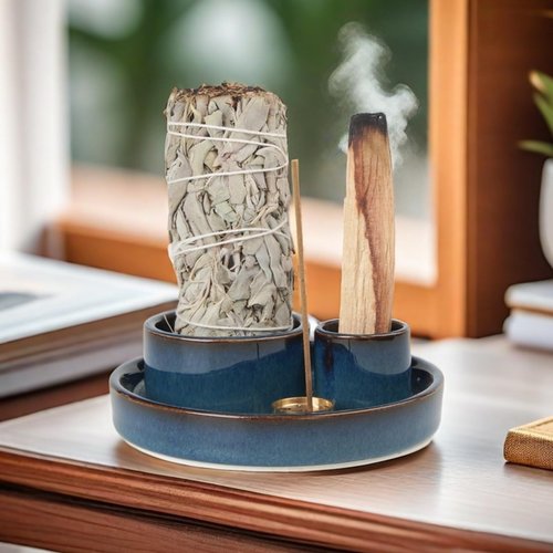 Fancy Lemon 4 in 1 Incense Holder, Palo Santo Stick Holder,Sage Holder for Burning- 4.25" Sage Incense Holder for Meditation Room Home Decor (Blue Reactive)
