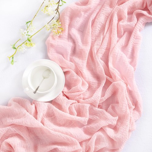 DeZerlor Blush Pink Cheesecloth Table Runner - 120-Inch Boho Gauze for Weddings & Events | 4-Pack