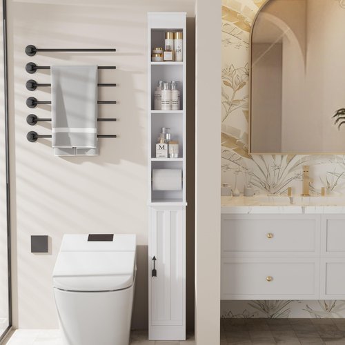 VECELO 71" Tall Bathroom Storage Cabinet, Narrow Storage Cabinet with Adjustable Shelves, Toilet Paper Rod and Magnetic Door, Freestanding Slim Bathroom Storage Cabinets for Small Space, White