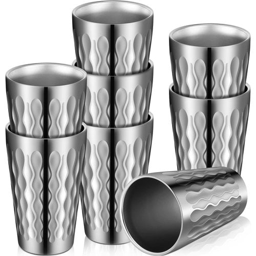 Mimorou 8 Pack 16oz Stainless Steel Cups Pint Cup Metal Double Layer Insulated Drinking Beer Water Tumbler Camping Reusable Stackable for Office Party Hot Cold Drink(Wave Pattern)