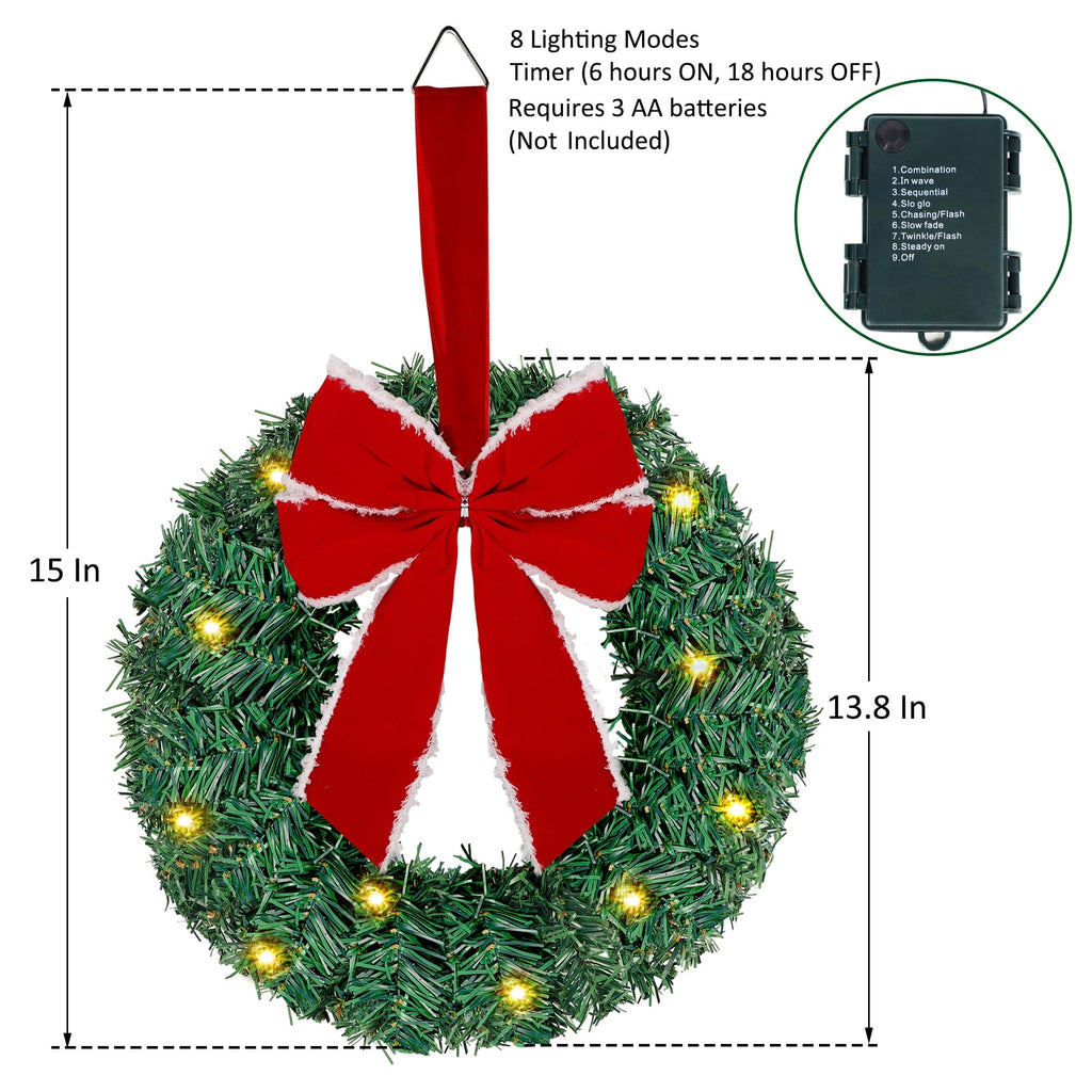 ATDAWN 3 Pack Mini Christmas Wreath, Lighted Christmas Front Door Wreath, Xmas Wreath for Holiday Christmas Party Decorations (Red Bow)