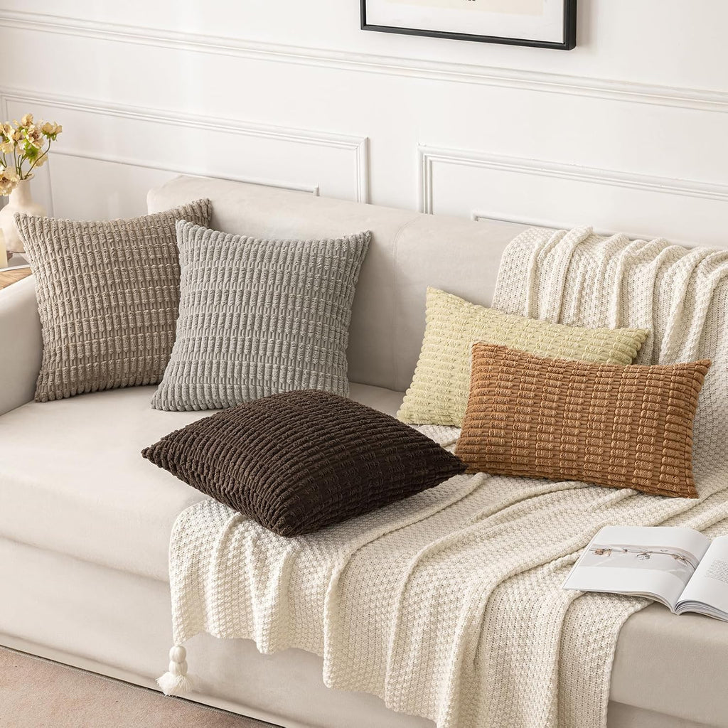 MIULEE Corduroy Throw Pillow Covers - Soft Boho Striped Design | 20x20 Inch, Brown, Perfect for Modern Farmhouse Decor