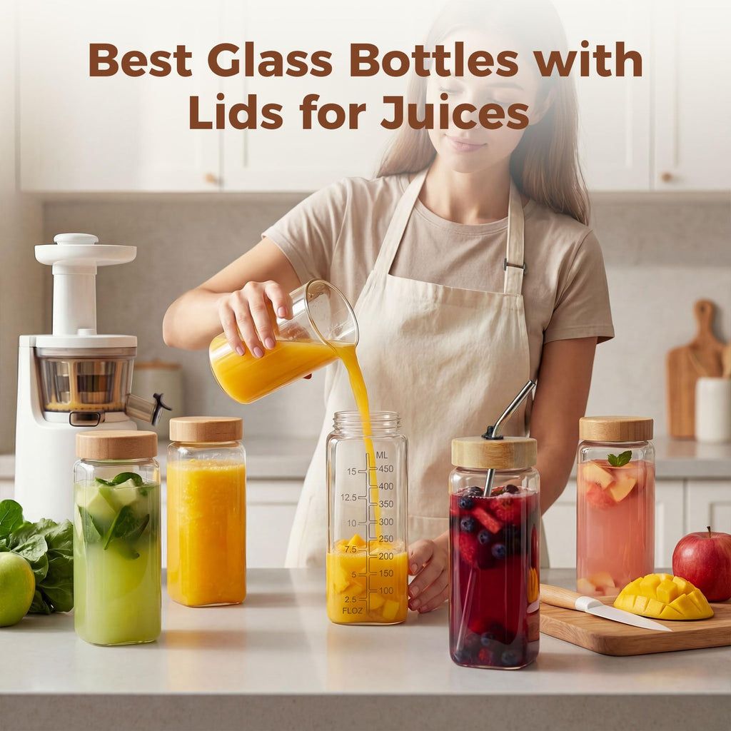 HomArtist 16oz Square Glass Juice Bottles with Lids, 6 Pack Reusable Juice Containers with Bamboo Lids, Glass Juicing jars with 4 Straws & 2 Airtight Lid with Hole for Drinking