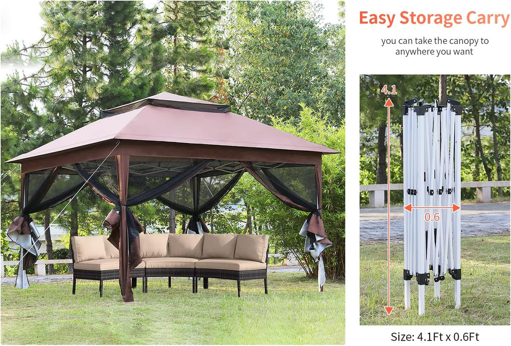 Skiennix 10'x10' Pop-Up Gazebo - Outdoor Patio Canopy with Mosquito Netting & Double Roof, Brown