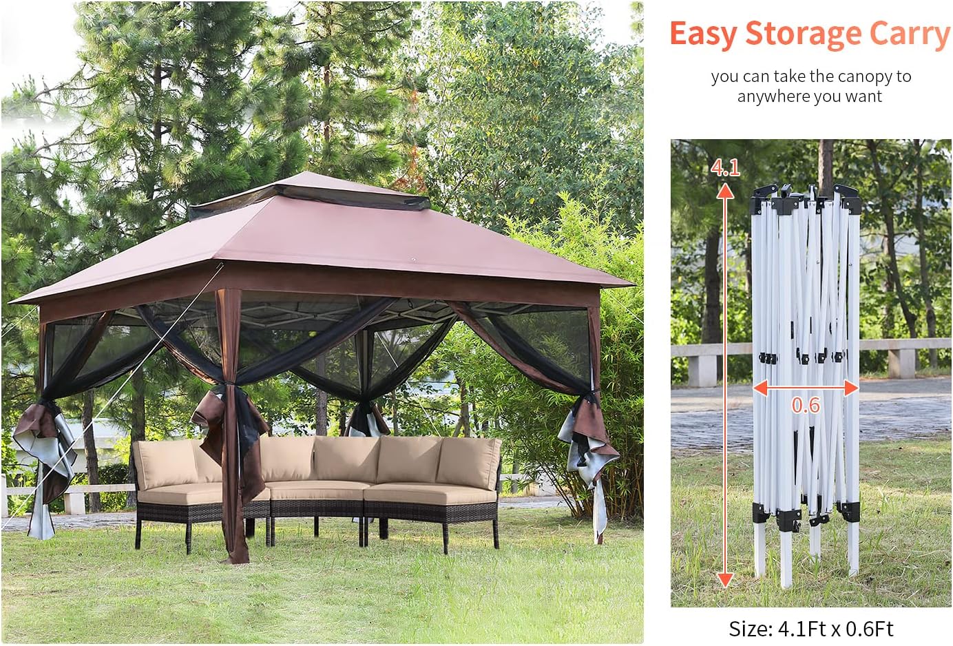 Skiennix 10'x10' Pop-Up Gazebo - Outdoor Patio Canopy with Mosquito Netting & Double Roof, Brown