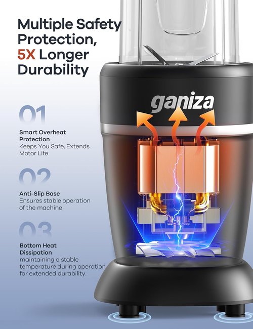 Ganiza Blender for Smoothies - 1300W Portable Ice Crushing & Grinding Blender with 2 Cups (37 oz & 23 oz)