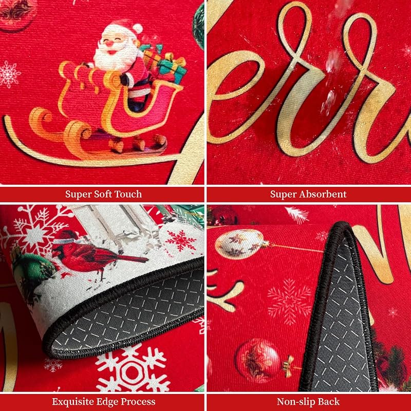 Merry Christmas Kitchen Rugs Set of 2, 17x47 and 17x30, Non-Slip Washable Mats for Christmas Decor