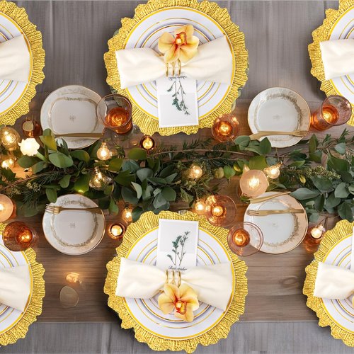 ejonirinjonir 20pcs Gold Charger Plates,13 Inch Charger Plates Bulk,Round Ruffled Rim Chargers for Dinner Plate,Disposable Chargers Plate for Wedding,Party