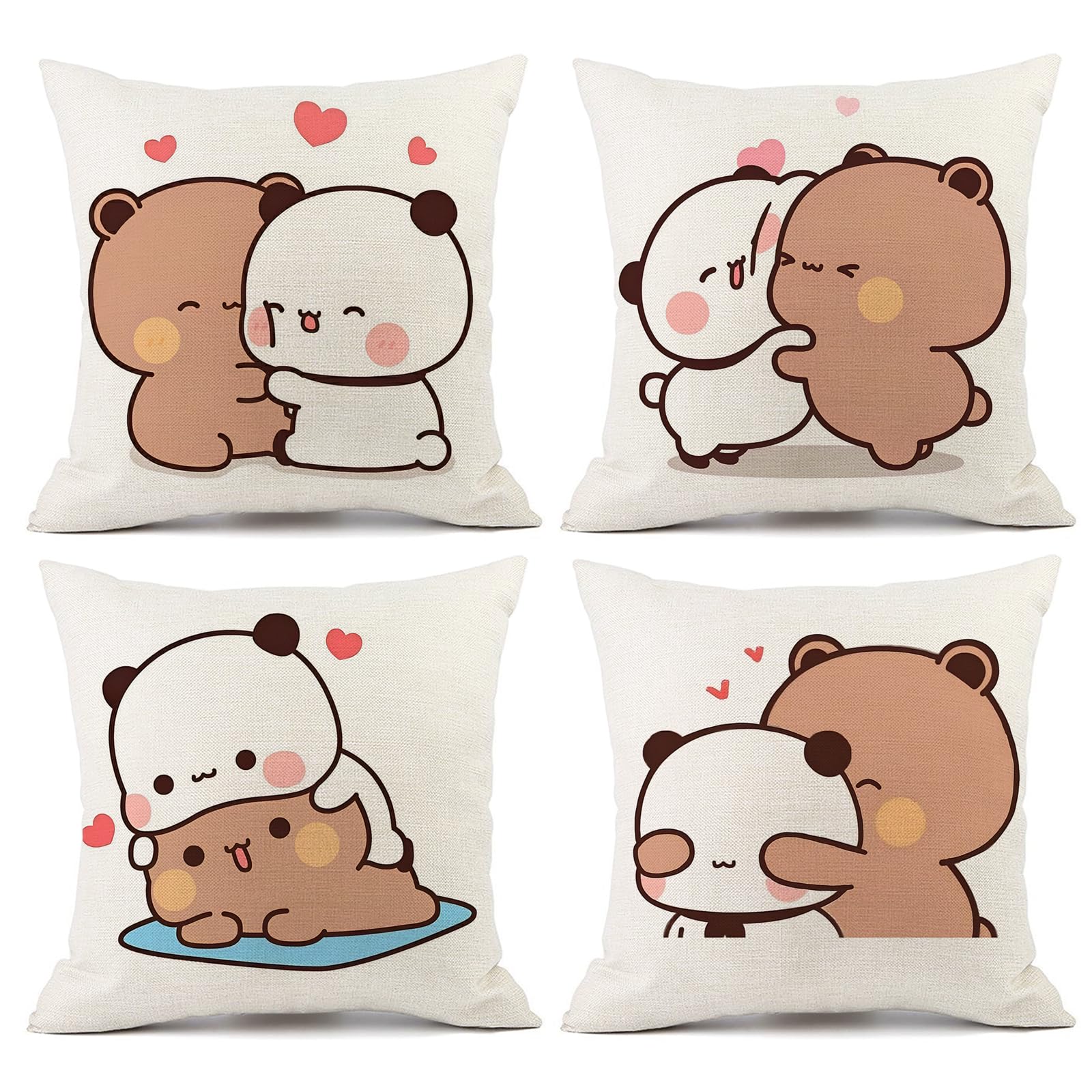 YOKUSHI Bubu and Dudu Bears Throw Pillow Covers 18x18 Set of 4, Linen Double-Sided Decorative Couch Pillow Cases with Invisible Zipper, Living Room Sofa Decor (B)