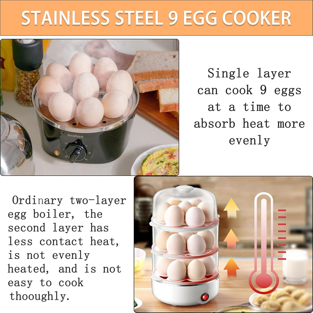 Oroton 9-Egg Capacity Electric Egg Cooker - 304 Stainless Steel | Auto Shut-Off & Timer Settings