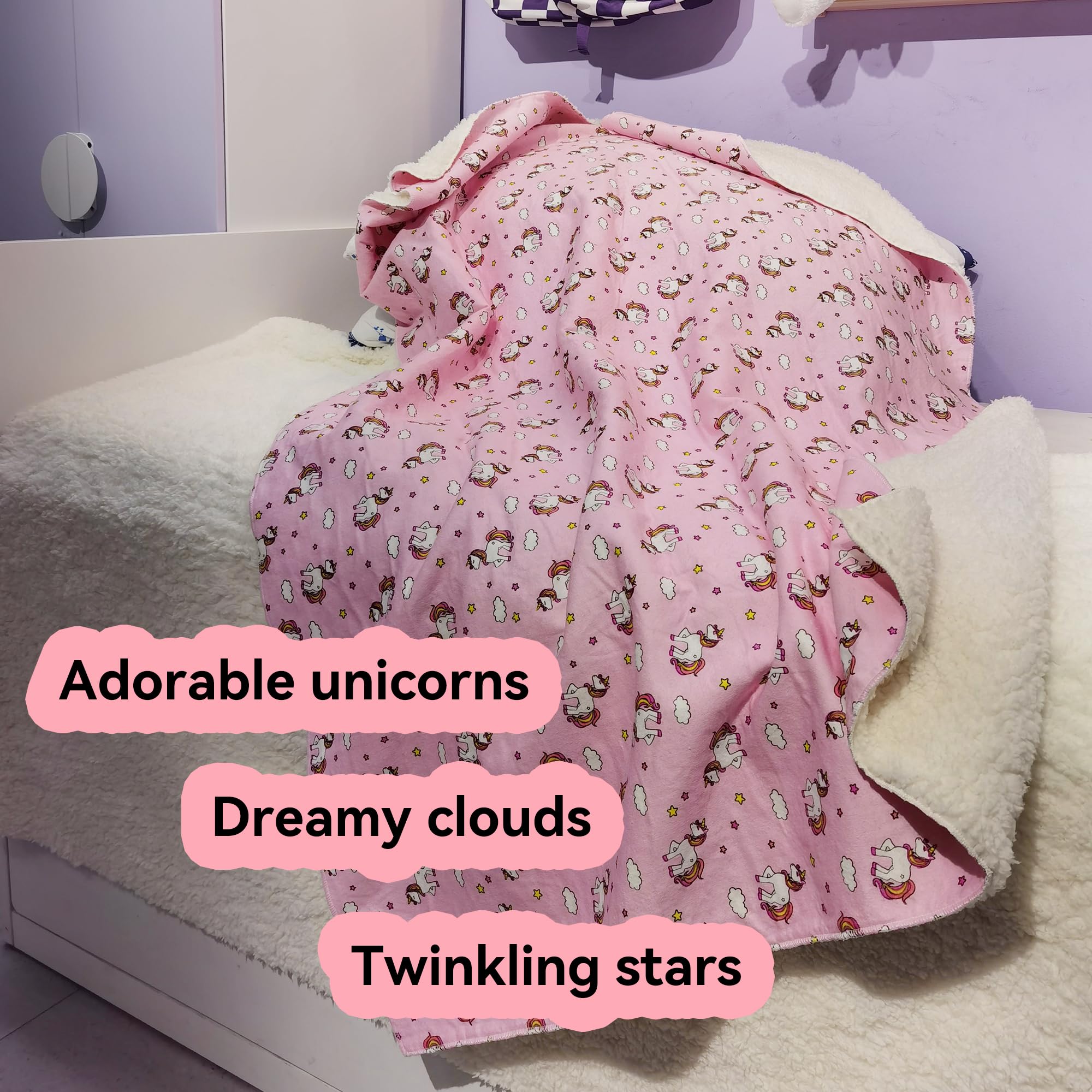 Kids Sherpa Throw Blanket – Soft Cotton & Warm Sherpa Toddler Blanket, Pink Unicorn & Clouds Pattern, Plush Winter Bed Throw, 40 x 60 inches