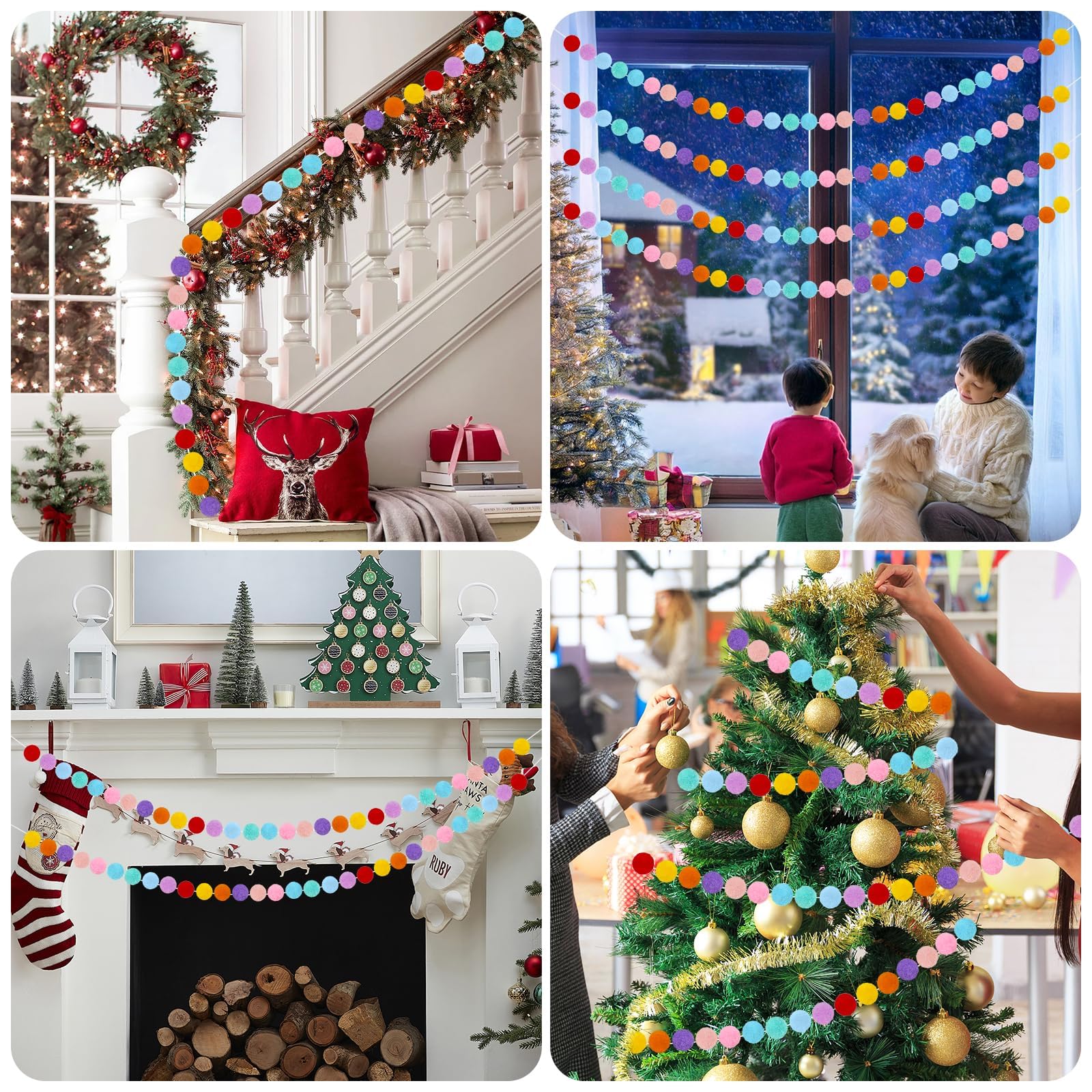 4 Pack Colorful Pom Pom Garland, 26.5 Feet Long Spring Felt Ball Rainbow Banner, 30 Balls 10Color Felt Ball Garland for Easter Decoration Party Hanging Decor