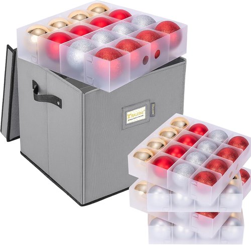 BALEINE Christmas Ornament Storage Box - Premium Container with Dividers for 64 Balls | Grey, Durable Design