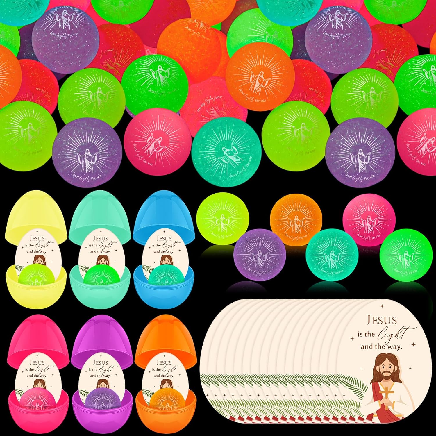 Wettarn 24-Piece Christian Easter Egg Set - Glow in The Dark Bouncy Balls & Cards for Easter Baskets