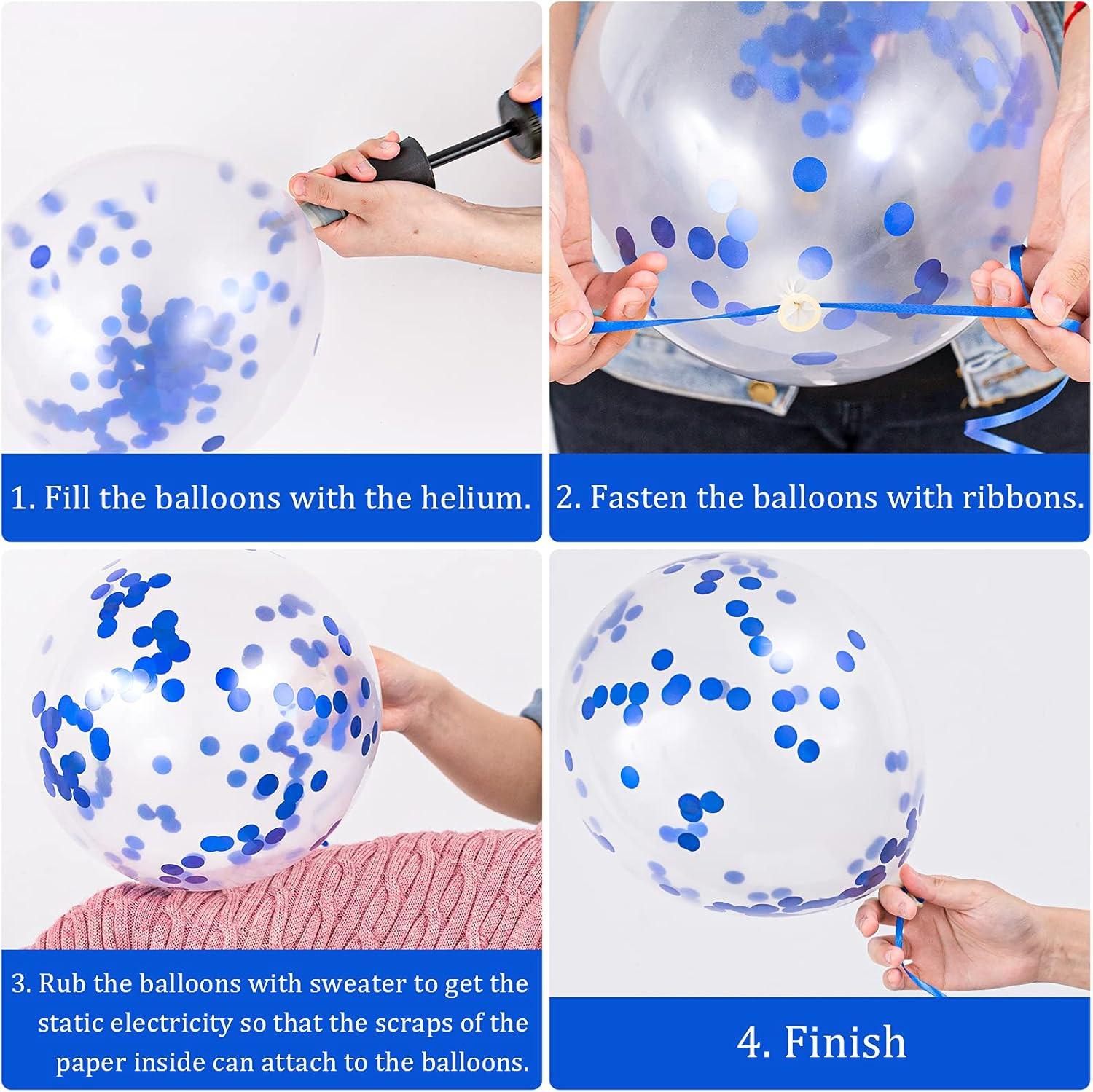 Whaline Graduation Party Balloon Set - 60 Pcs with Blue & White Confetti | 7 Designs & 2 Rolls of Ribbon
