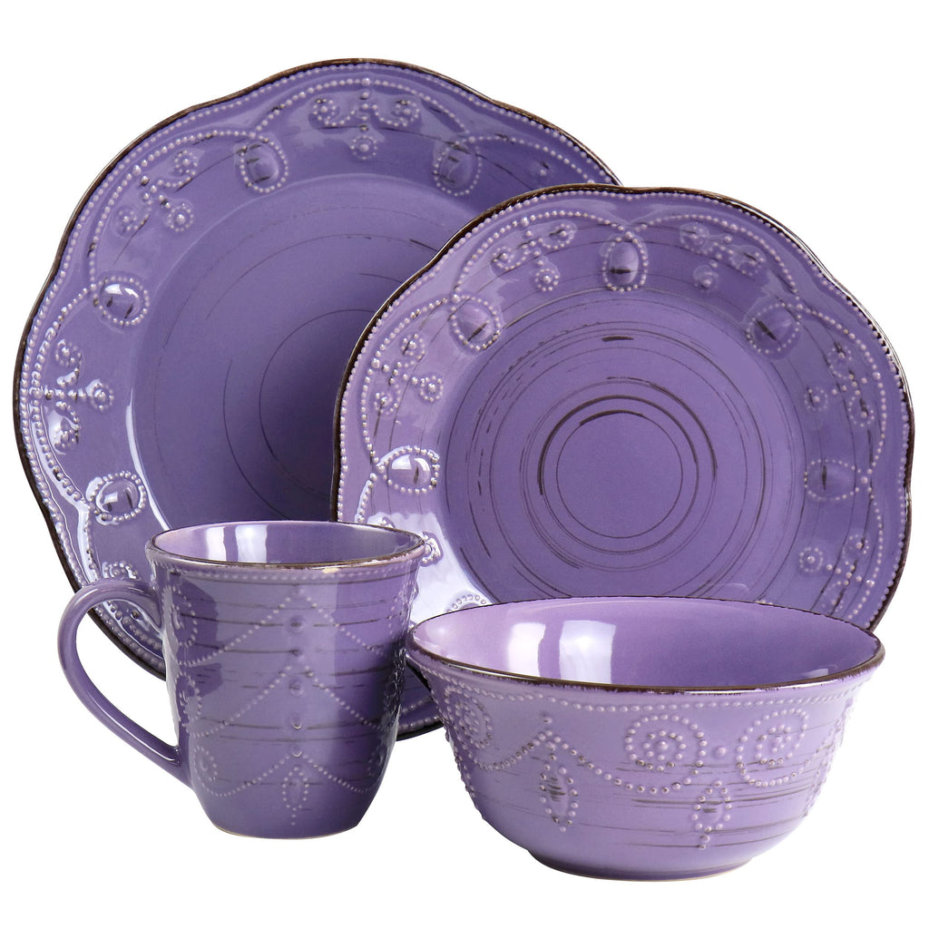 Elama Rustic Birch 16 Piece Stoneware Dinnerware Set in Purple, Purple with Brown Accents, (EL-RUSTICBIRCH)