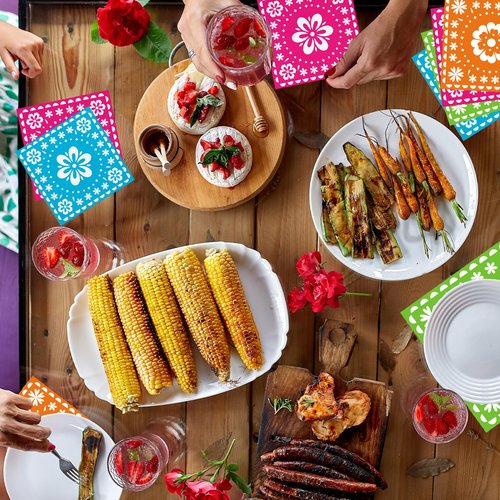 80 Count Mexican Fiesta Paper Napkins, 4 Bright Floral Designs Disposable Cocktail Napkins for Cinco de Mayo, Day of the Dead, Fiesta Wedding, Birthday Party, Taco Night, Summer BBQ Table Decorations