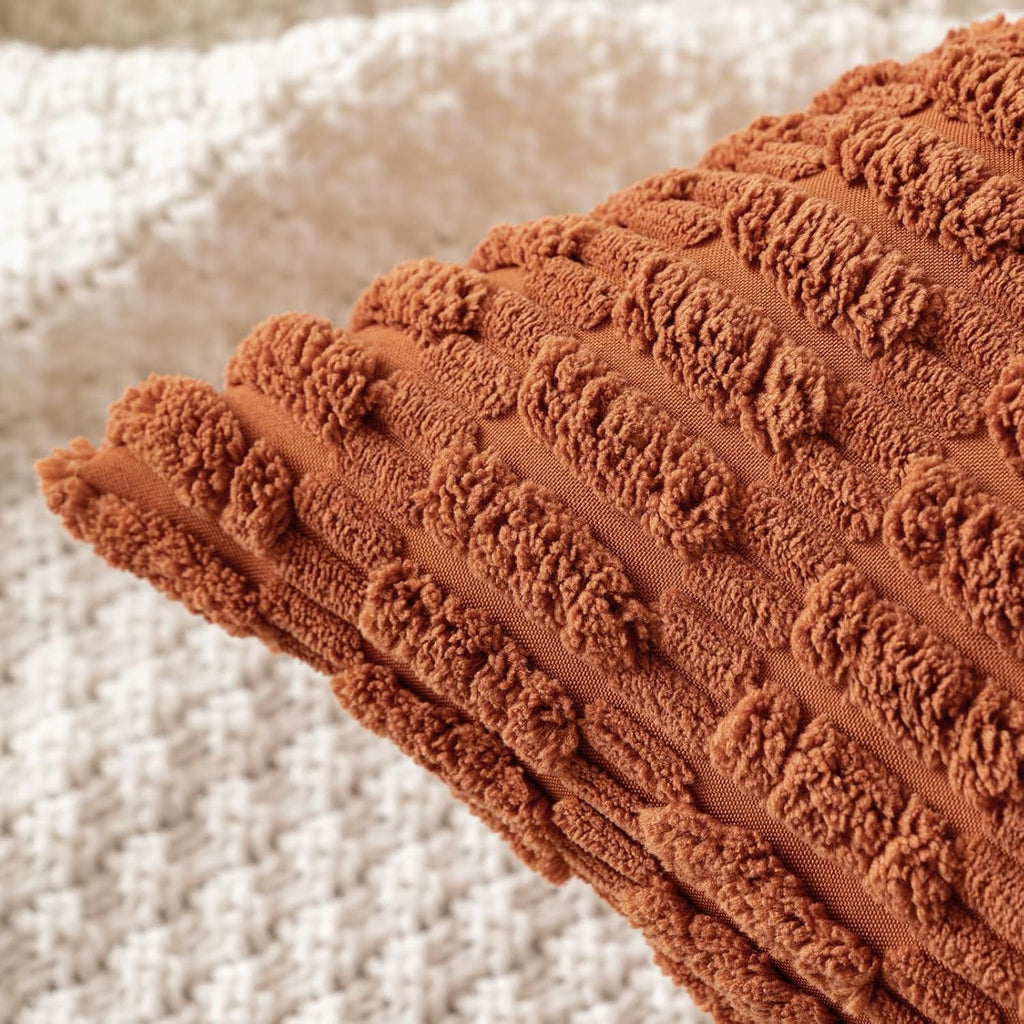 MIULEE Decorative Pillow Covers - Soft Dark Rust Corduroy, Boho Striped | 16x16 Inch for Modern Farmhouse Decor