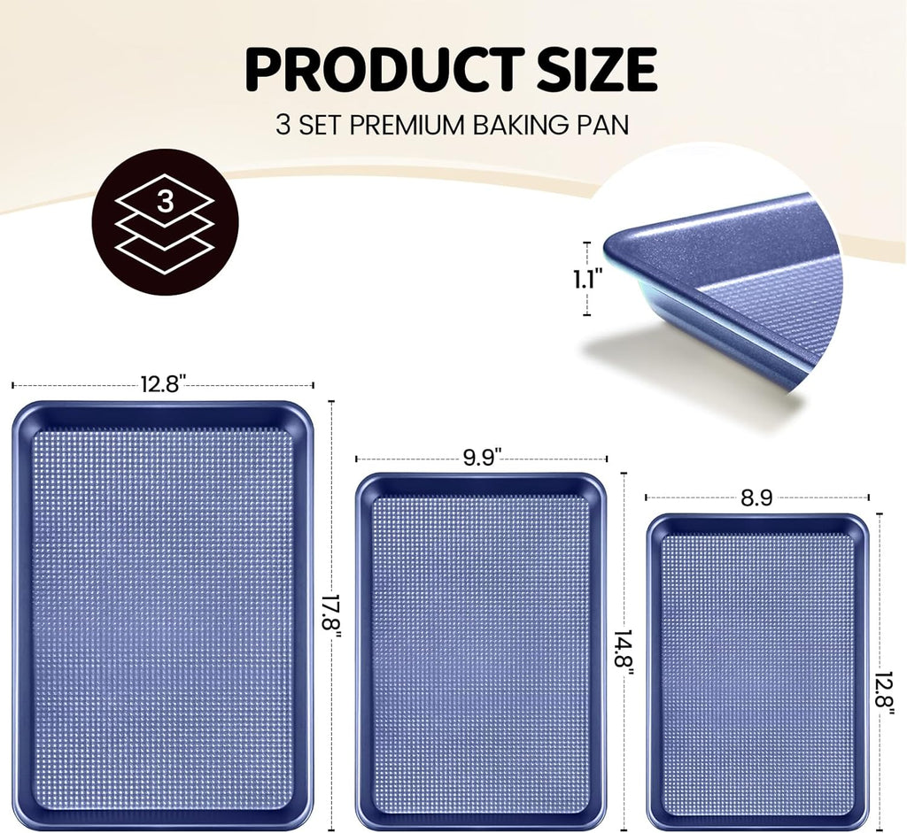 Vinino Baking Sheet Set - Non-Stick Carbon Steel Cookie Sheets with Square Texture | 3-Piece Blue Set