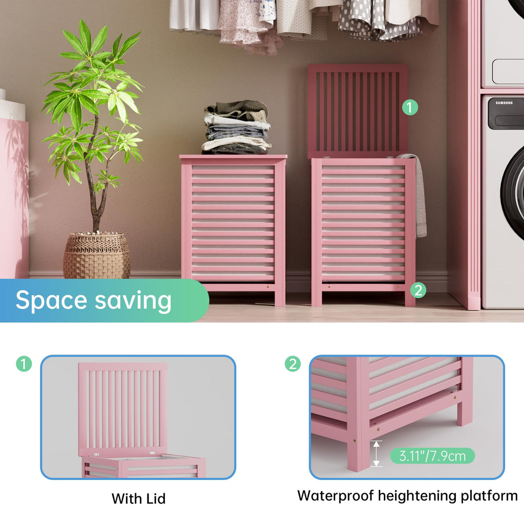 SMIBUY Double Laundry Hamper with Lid, 120L Bamboo Laundry Basket with Removable Liner Bag, 2-Section Clothes Divider Laundry Sorter for Laundry Room, Bathroom, Bedroom (Pink)