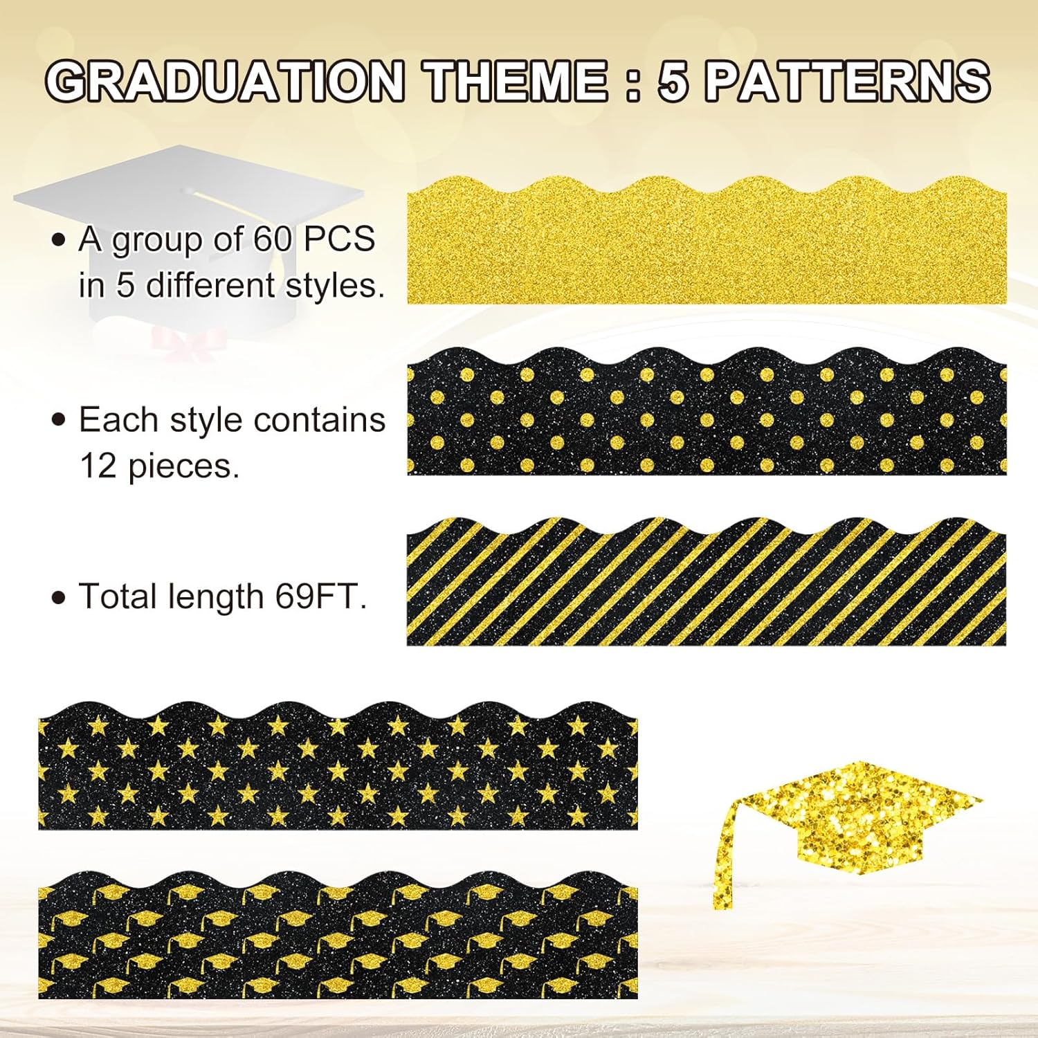 Whaline Graduation Bulletin Board Borders - Glitter Black & Gold Cap & Star Trim | 69 Ft Classroom Decor