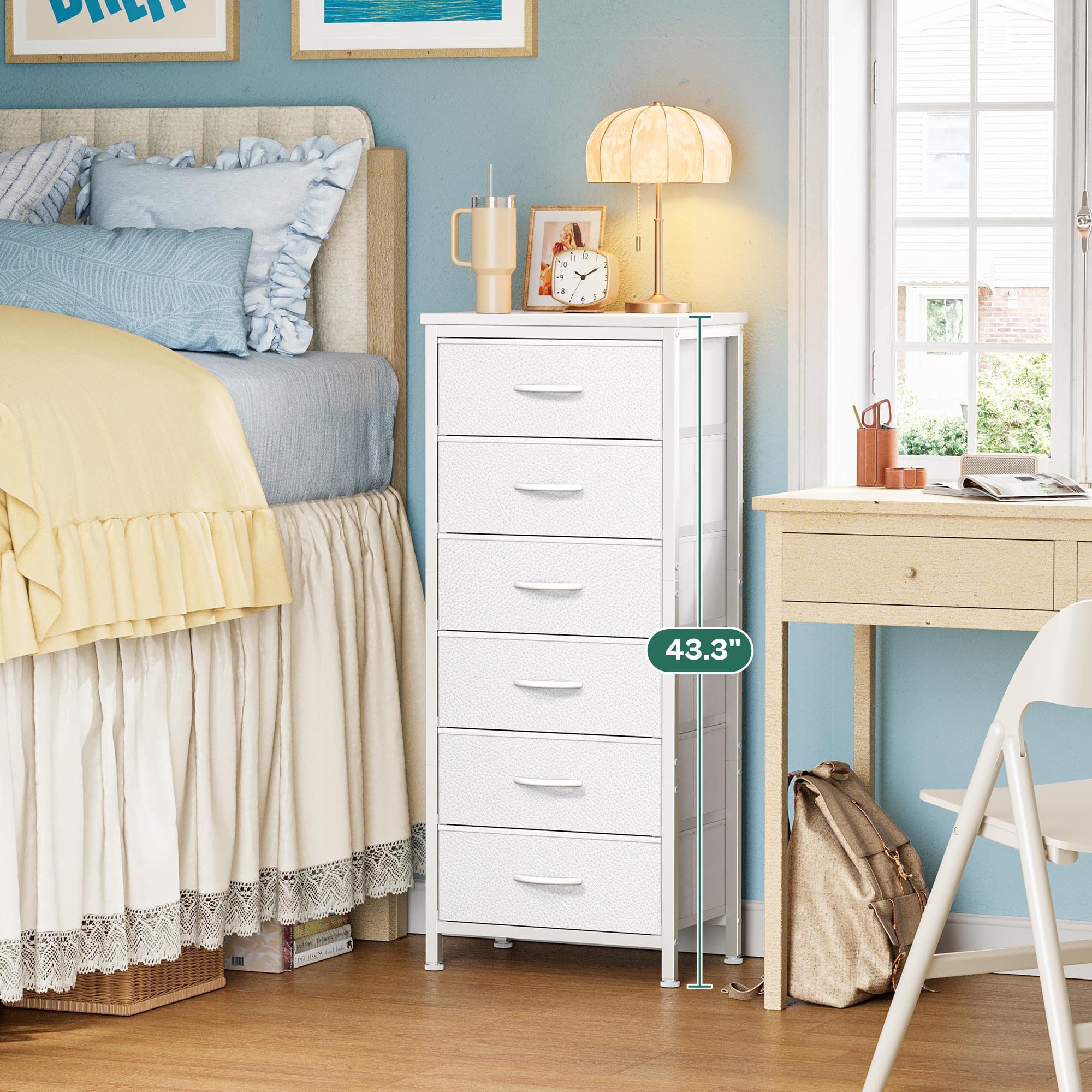 Huuger Tall Dresser for Bedroom, Stable 6 Drawer Dresser with Anti-Tip Device, PU Leather & Fabric Drawers, Tall Nightstand for Closet, Nursery, Storage Tower for College Dorm High Beds, White