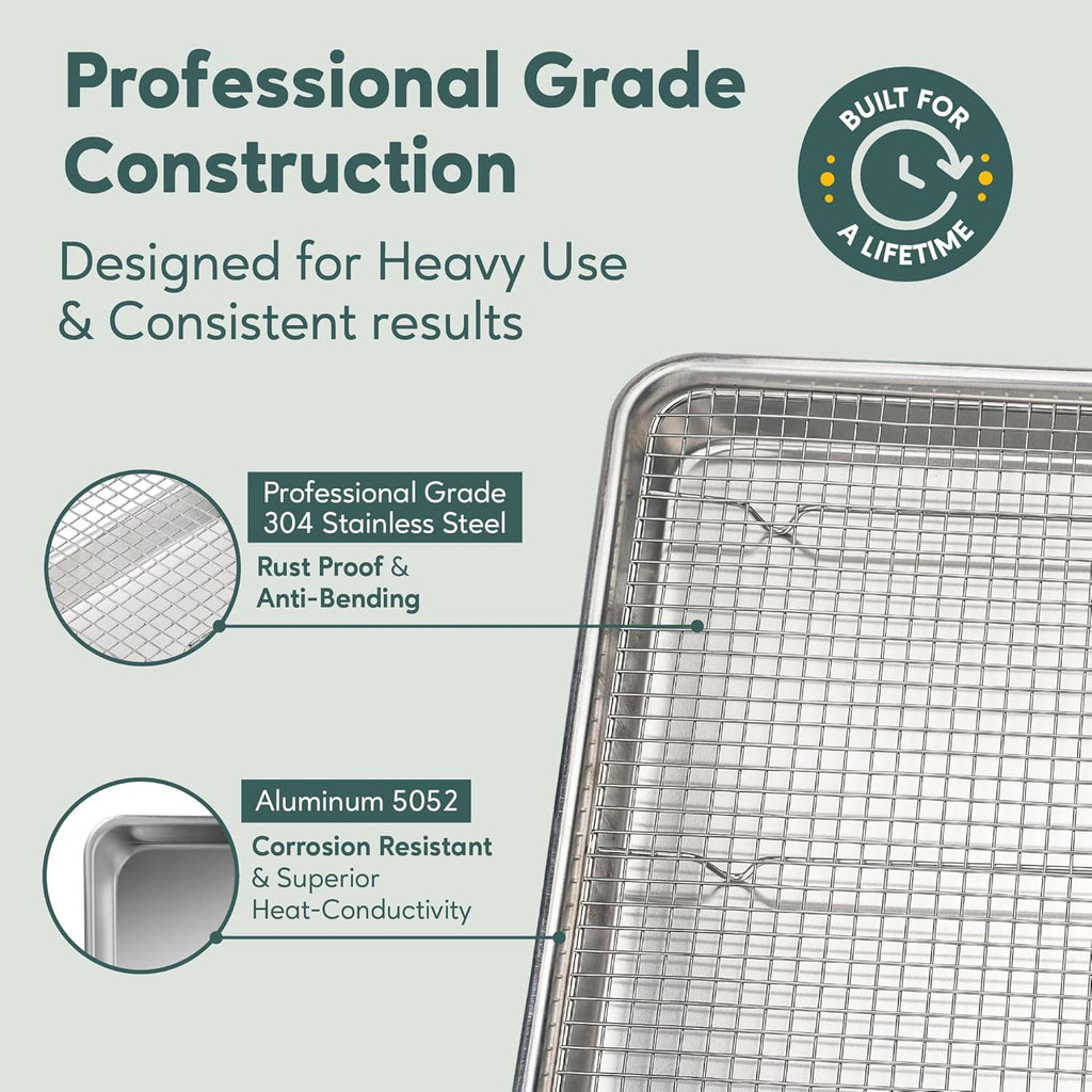 Ultra Cuisine Baking Sheet Set - Half Sheet Aluminum Pan with Stainless Steel Cooling Rack, 13 x 18 Inch, Easy Clean, Commercial Quality