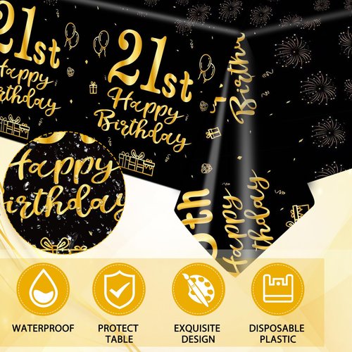 41Pcs Black and Gold 21st Birthday Decorations Disposable Tableware Set: Plates, Napkins, and Tablecloth 21st Birthday Party Supplies for Men Women Serves 20 Guests