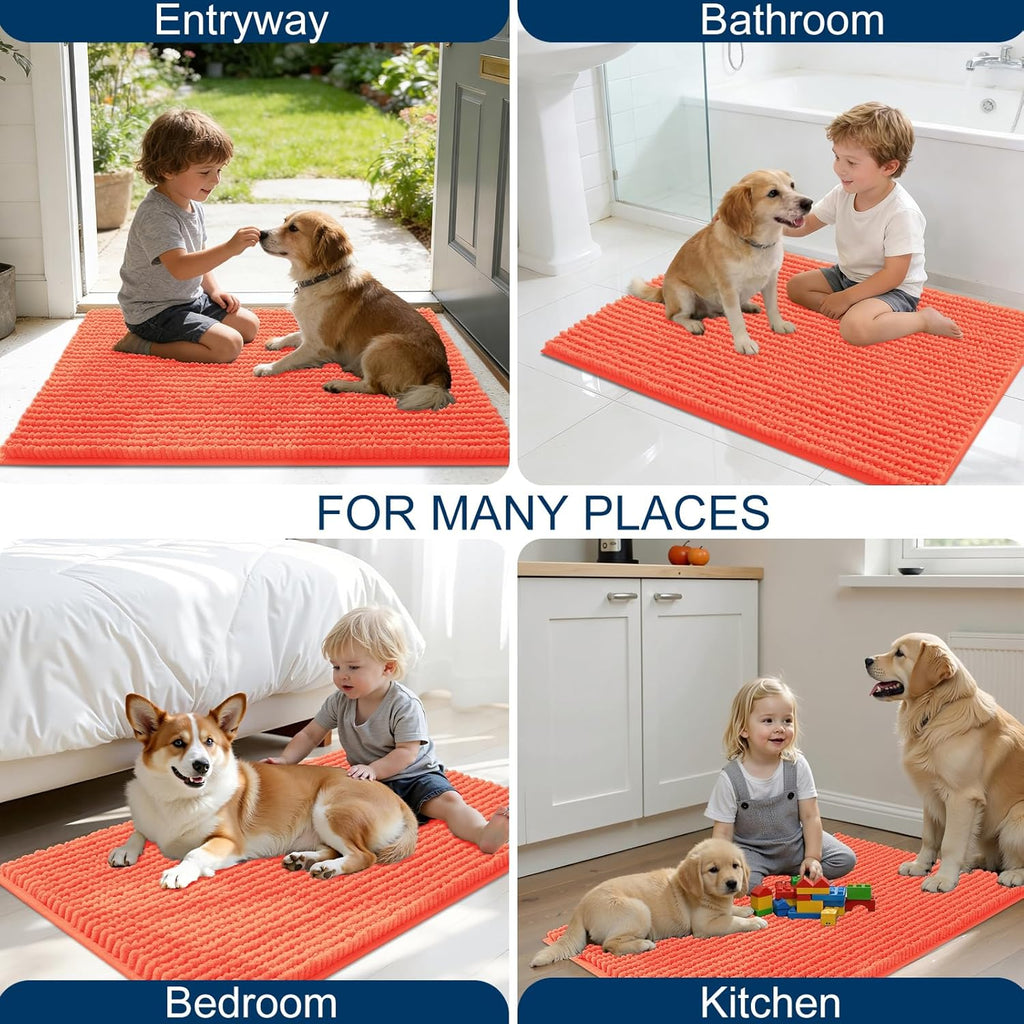 OLANLY Dog Door Mat - Ultra Absorbent Chenille Mud Doormat | Non-Slip & Washable 36x24 Coral