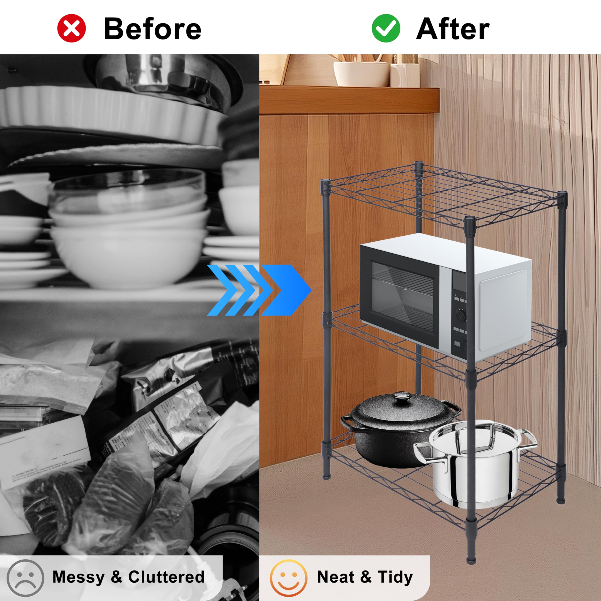 Whitmor 3 Tier Storage Shelves, Heavy Duty Metal Shelving, 400 lbs Capacity per Shelf, 1200 lbs Total, Easy Assembly for Kitchen, Garage, Plant, 18" L x 12" W x 26.4" H, Black