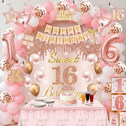 Sweet 16 Party Decorations, Sweet 16th Birthday Crown and Sash Pink Rose Gold Sixteen Cake Topper Banner Backdrop Balloons Hanging Swirls for Girls Happy 16 Years Old Party Supplies