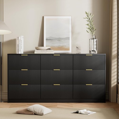 Furniway Black Dresser - Modern 9-Drawer Chest with Smooth Slides & Golden Handles | 63" W x 31.5" H