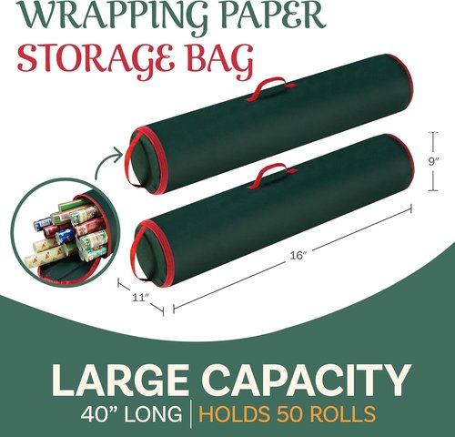 Elf Stor Wrapping Paper Storage Bags - Durable Zippered Canvas Totes for 40-Inch Rolls | Set of 2 (Green)