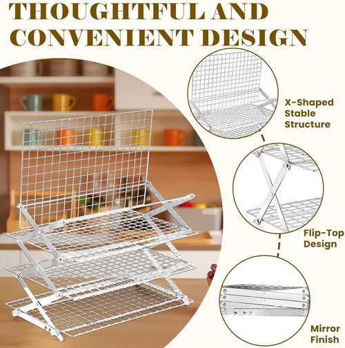 BEWOS 4-Tier Collapsible Cooling Rack - Adjustable Stainless Steel Baking Rack with Leak-Proof Mesh