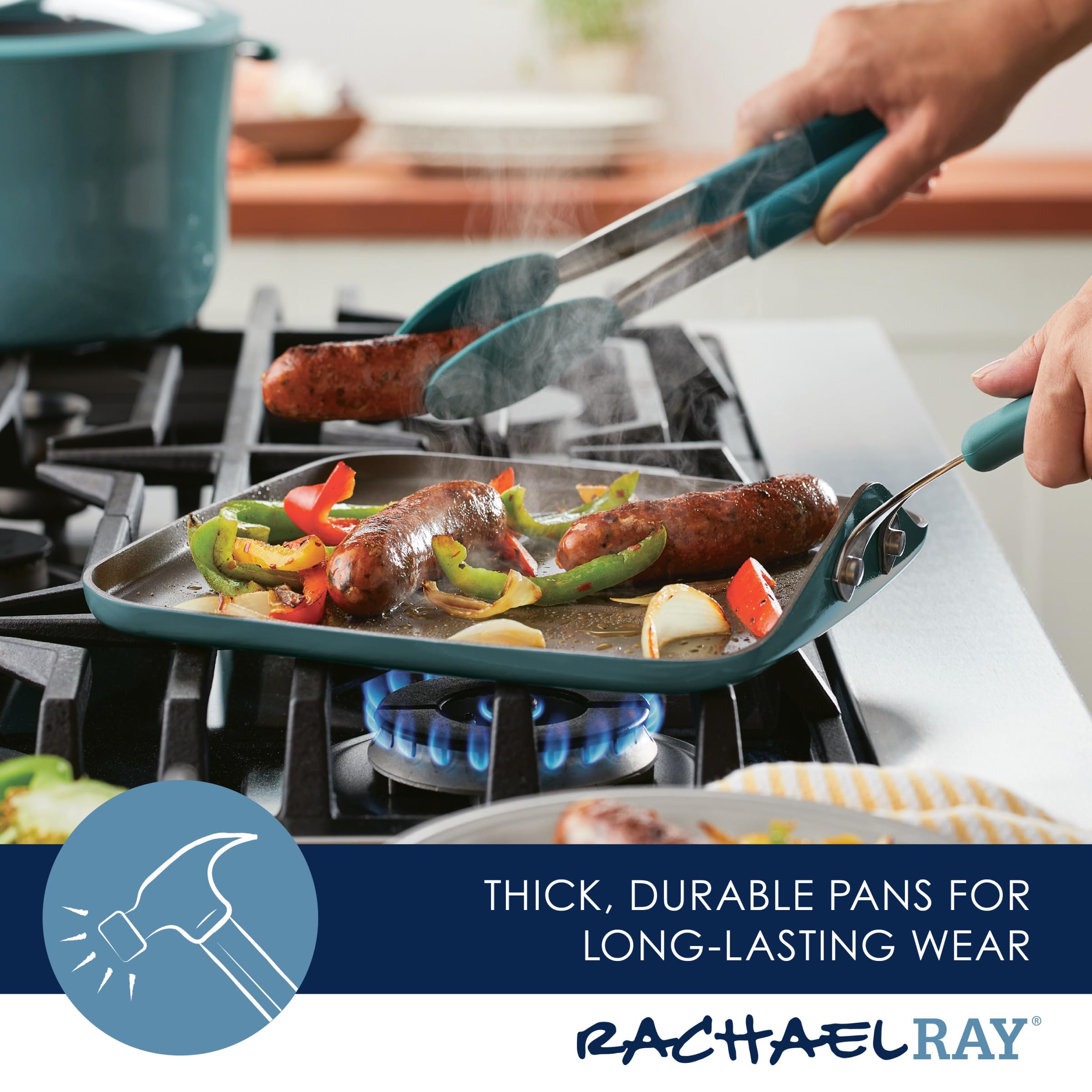 Rachael Ray Cook + Create Nonstick Stovetop Griddle/Grill Pan, Square, 11 Inch, Agave Blue