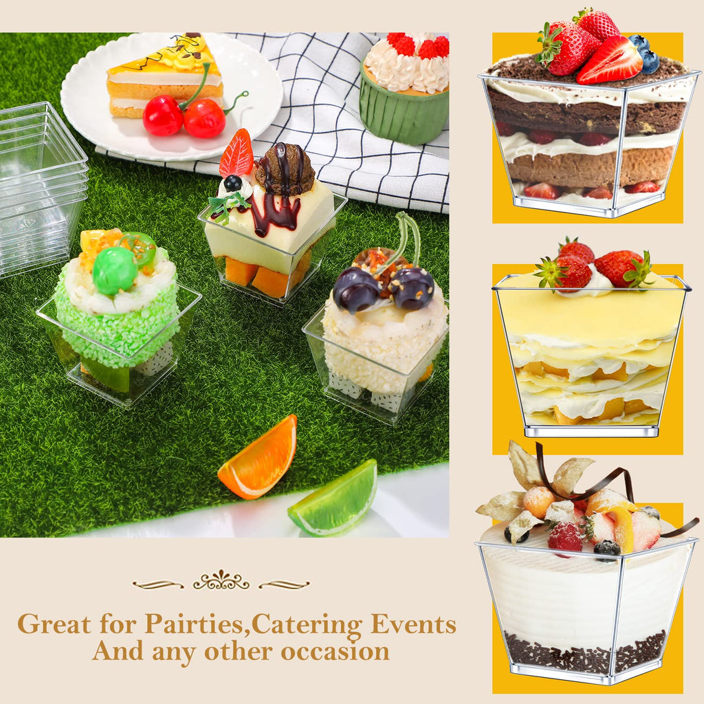 Dingion 400 Pcs 4 oz Plastic Dessert Cup with Spoon Set - 200 Square Mousses Cup & 200 Gold Glitter Tasting Spoons for Parfait Appetizer Ice Cream Wedding Party Catering
